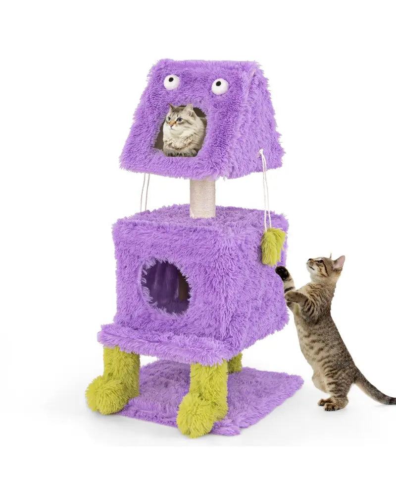 Cute Monster-Themed Cat Tower with 2 Private Condos for Small Place-Purple - Purple - Cat Trees Condos & Scratchers