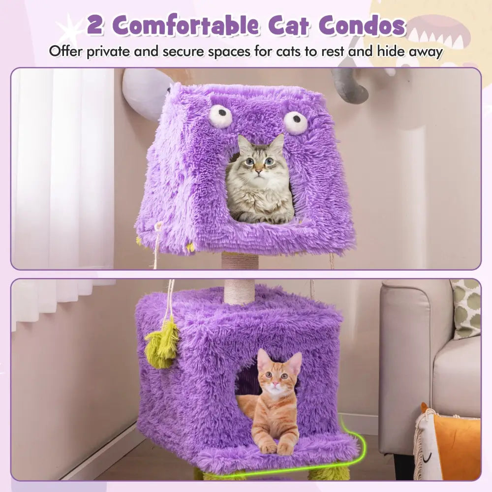 Cute Monster-Themed Cat Tower with 2 Private Condos for Small Place-Purple - Purple - Cat Trees Condos & Scratchers