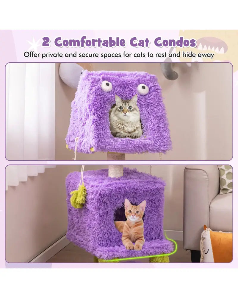 Cute Monster-Themed Cat Tower with 2 Private Condos for Small Place-Purple - Purple - Cat Trees Condos & Scratchers