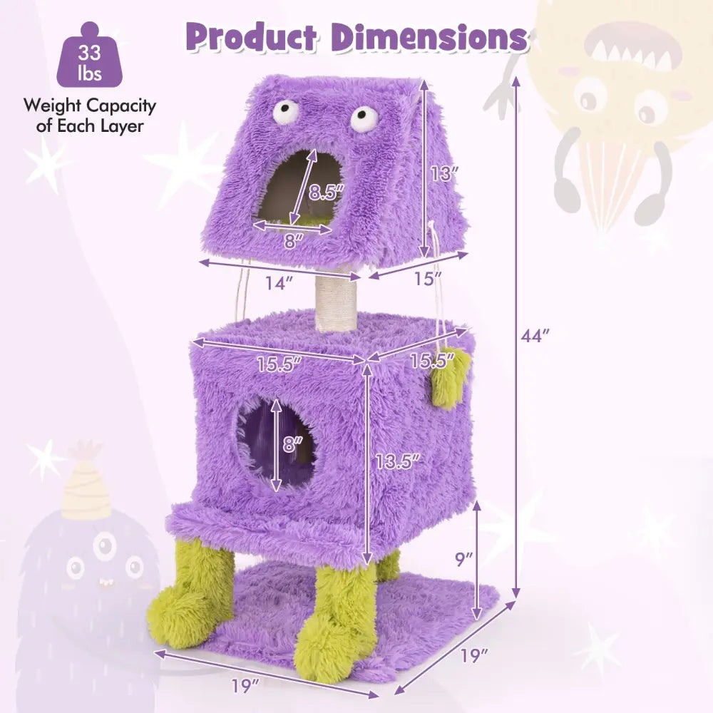 Cute Monster-Themed Cat Tower with 2 Private Condos for Small Place-Purple - Purple - Cat Trees Condos & Scratchers