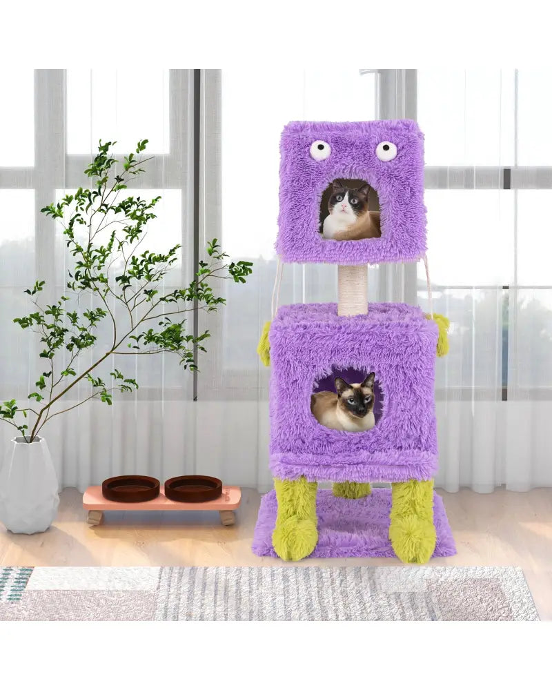 Cute Monster-Themed Cat Tower with 2 Private Condos for Small Place-Purple - Purple - Cat Trees Condos & Scratchers