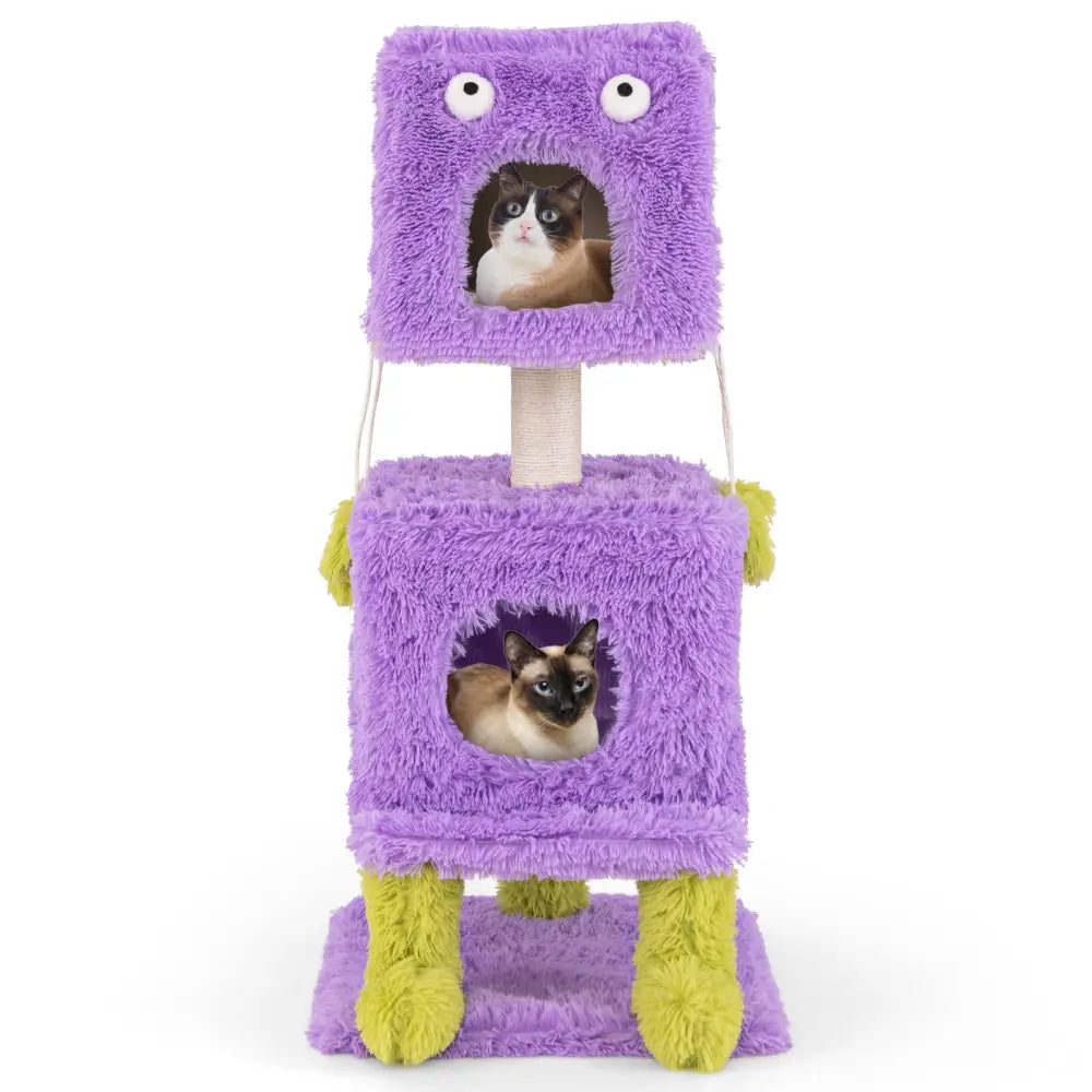 Cute Monster-Themed Cat Tower with 2 Private Condos for Small Place-Purple - Purple - Cat Trees Condos & Scratchers