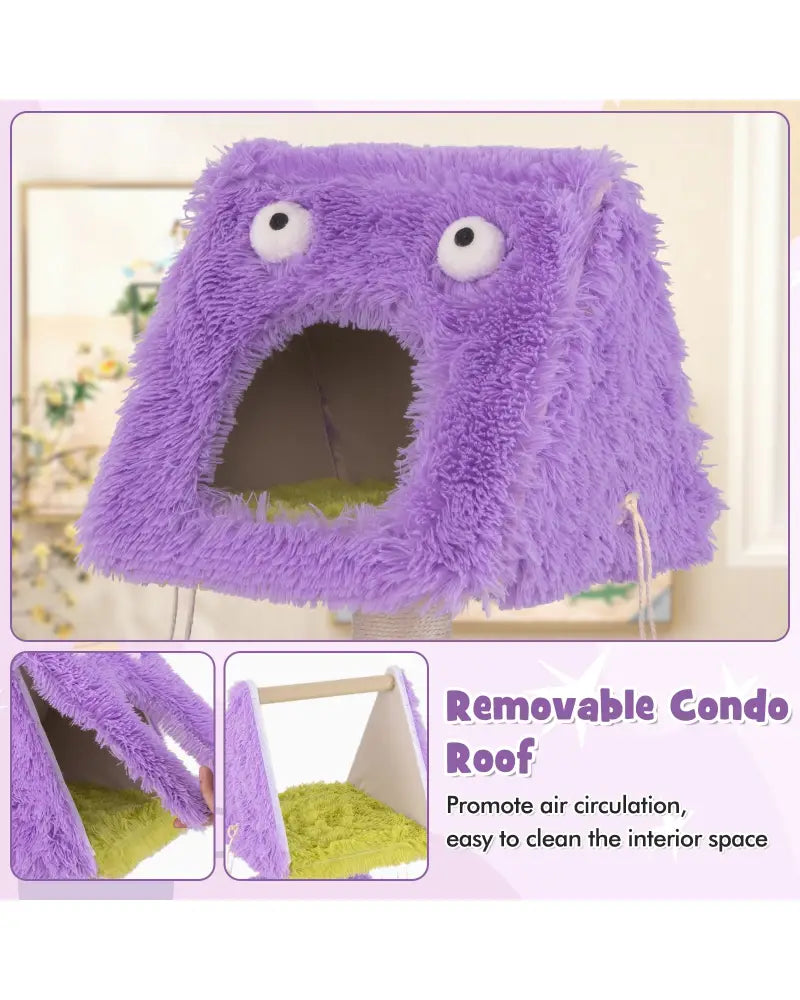 Cute Monster-Themed Cat Tower with 2 Private Condos for Small Place-Purple - Purple - Cat Trees Condos & Scratchers