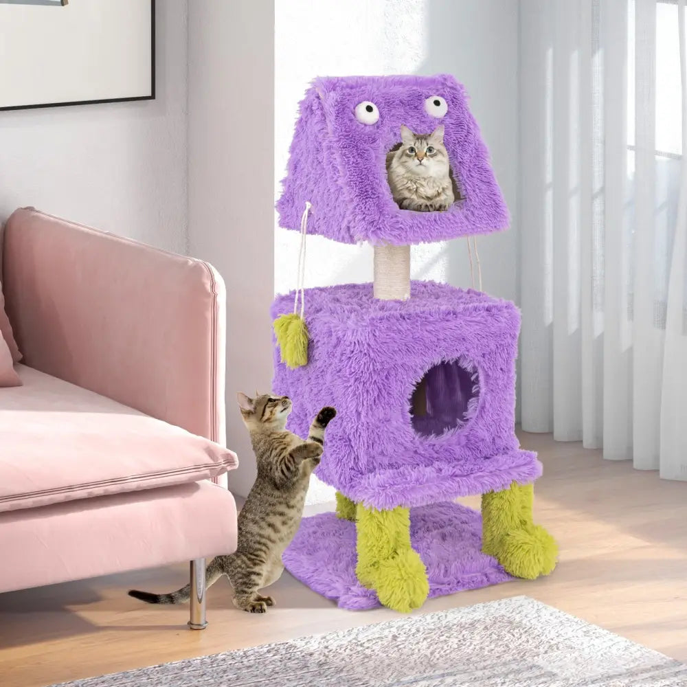 Cute Monster-Themed Cat Tower with 2 Private Condos for Small Place-Purple - Purple - Cat Trees Condos & Scratchers