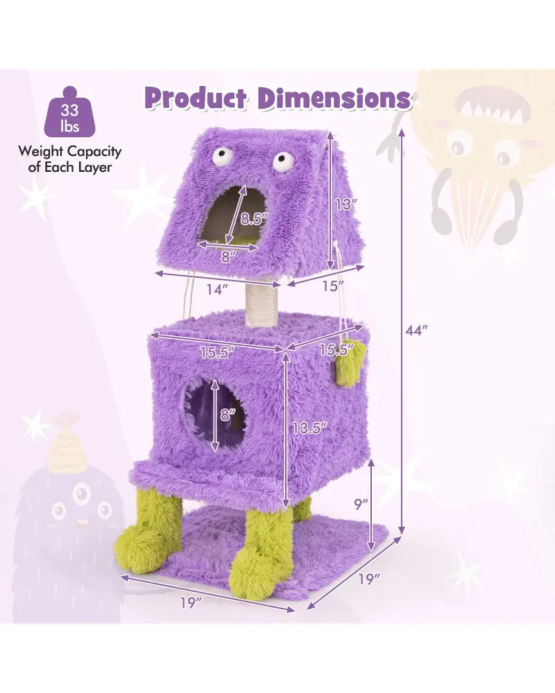 Cute Monster-Themed Cat Tower with 2 Private Condos for Small Place-Purple - Purple - Cat Trees Condos & Scratchers