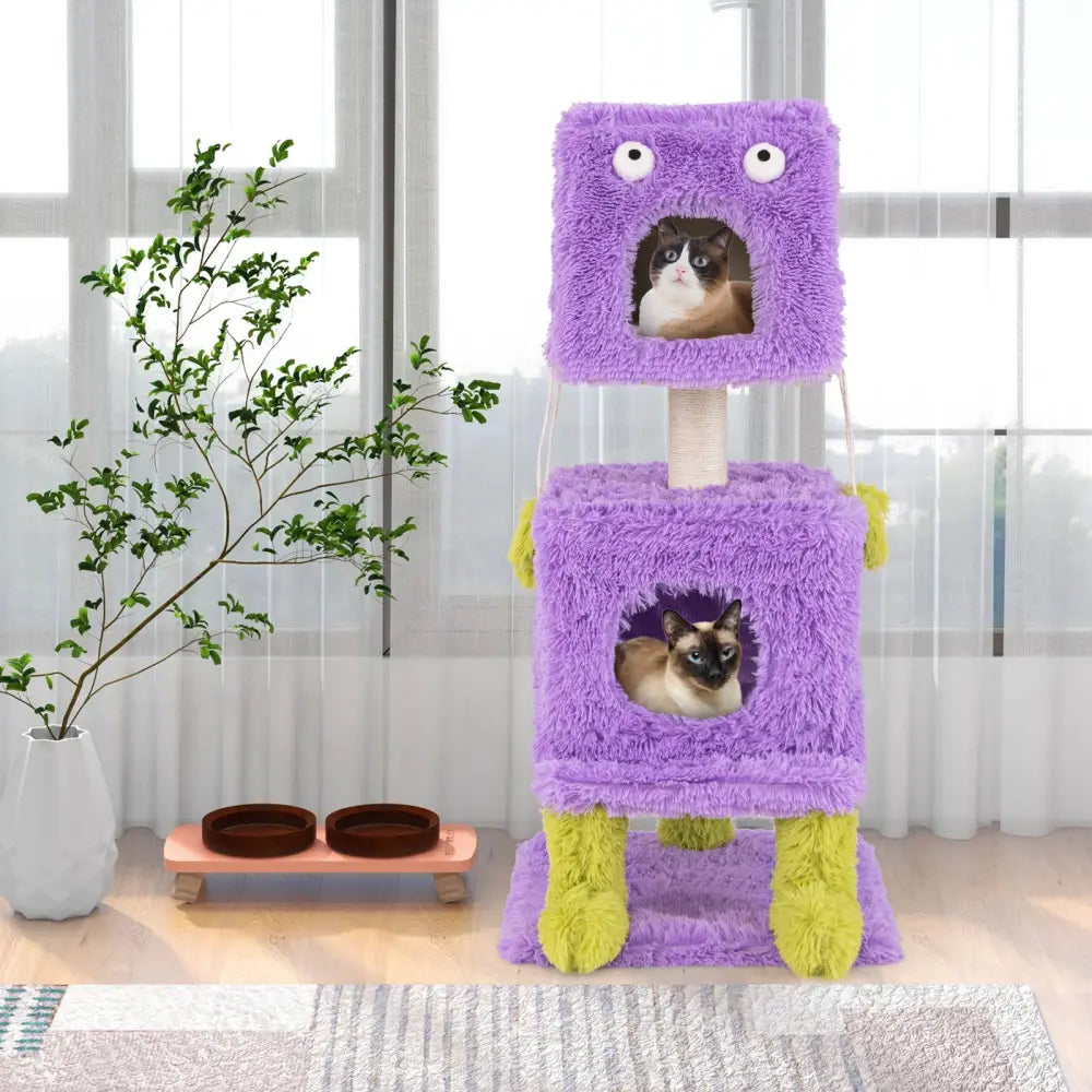 Cute Monster-Themed Cat Tower with 2 Private Condos for Small Place-Purple - Purple - Cat Trees Condos & Scratchers