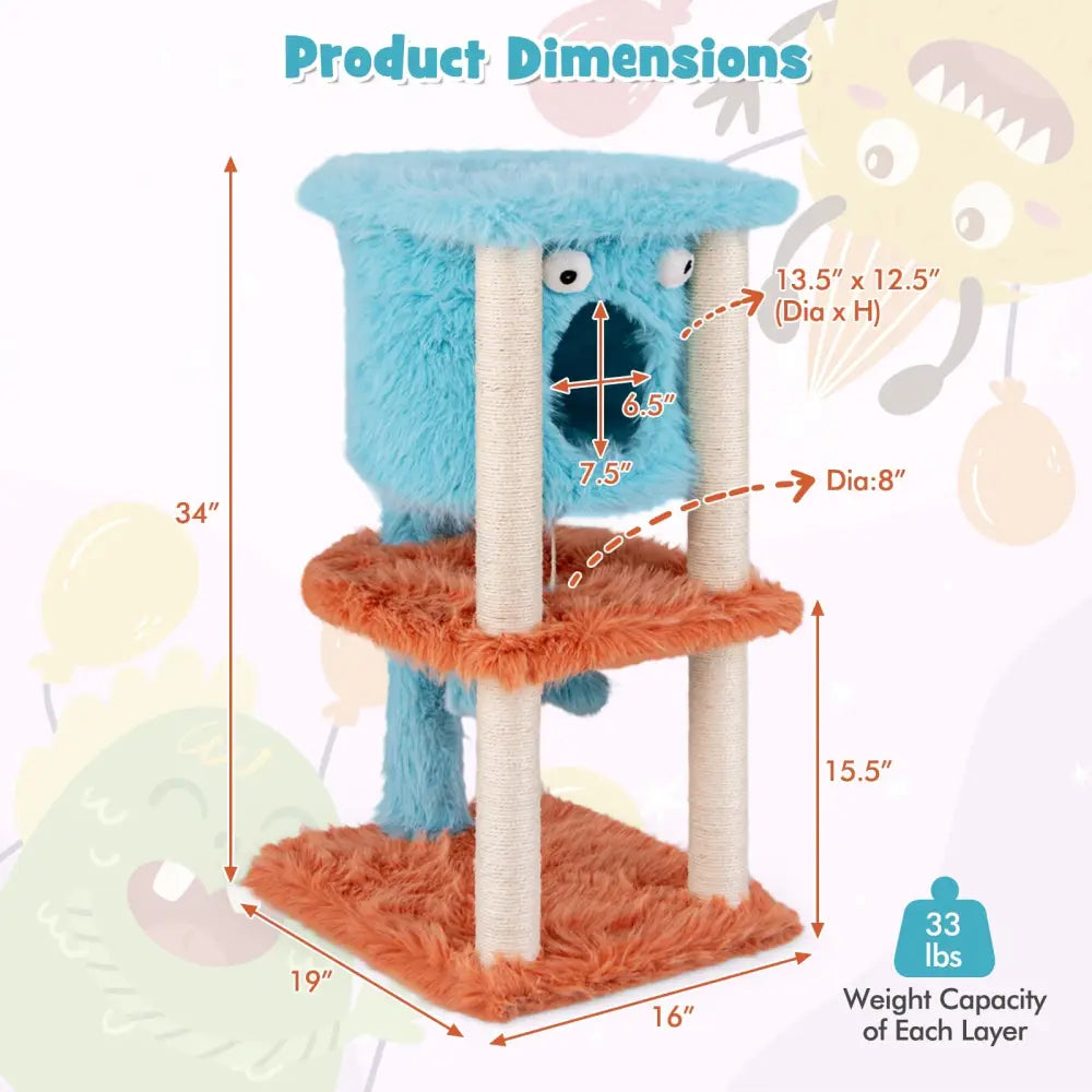 Cute Monster-Themed Cat Tower with Private Condo and Soft Long Plush-Blue - Blue - Cat Trees Condos & Scratchers