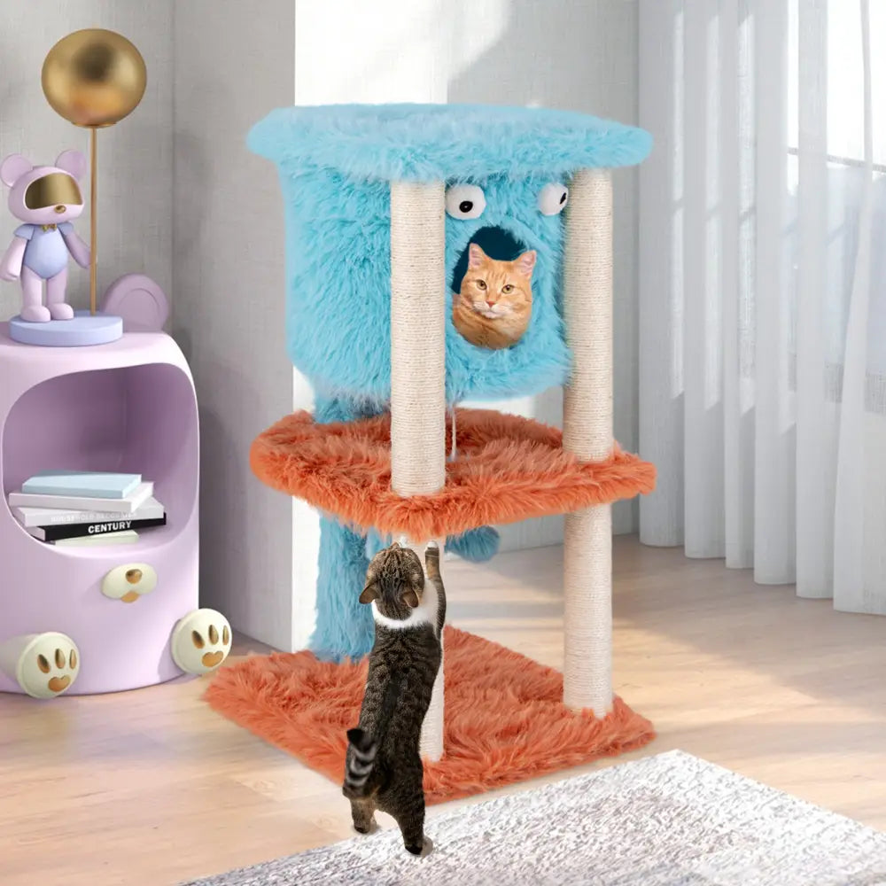 Cute Monster-Themed Cat Tower with Private Condo and Soft Long Plush-Blue - Blue - Cat Trees Condos & Scratchers