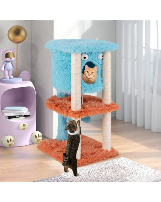 Cute Monster-Themed Cat Tower with Private Condo and Soft Long Plush-Blue - Blue - Cat Trees Condos & Scratchers