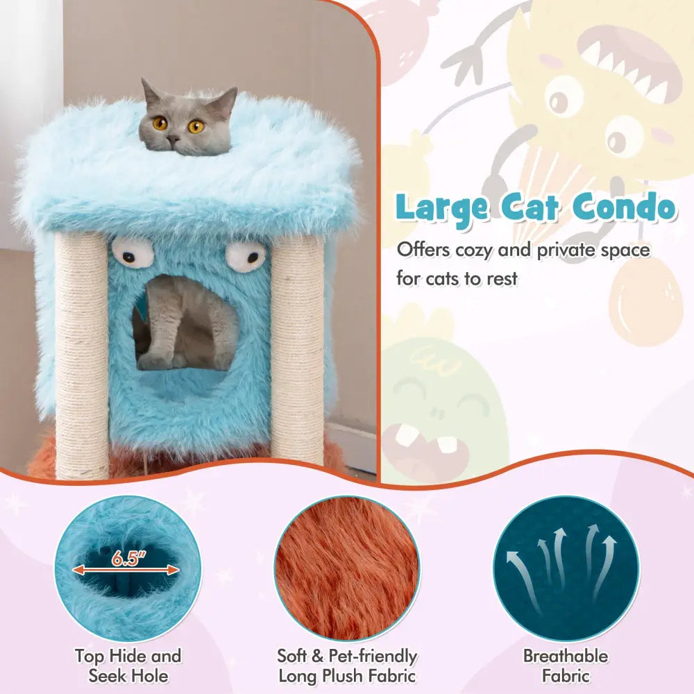 Cute Monster-Themed Cat Tower with Private Condo and Soft Long Plush-Blue - Blue - Cat Trees Condos & Scratchers