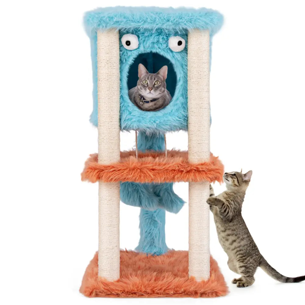 Cute Monster-Themed Cat Tower with Private Condo and Soft Long Plush-Blue - Blue - Cat Trees Condos & Scratchers
