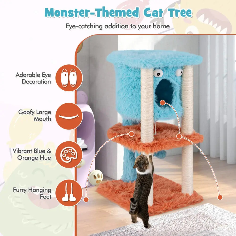 Cute Monster-Themed Cat Tower with Private Condo and Soft Long Plush-Blue - Blue - Cat Trees Condos & Scratchers