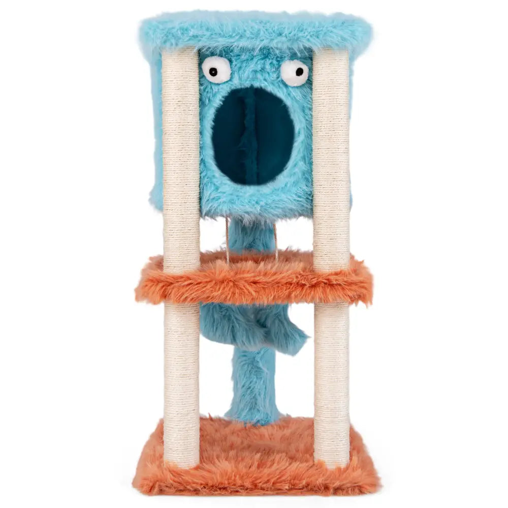 Cute Monster-Themed Cat Tower with Private Condo and Soft Long Plush-Blue - Blue - Cat Trees Condos & Scratchers