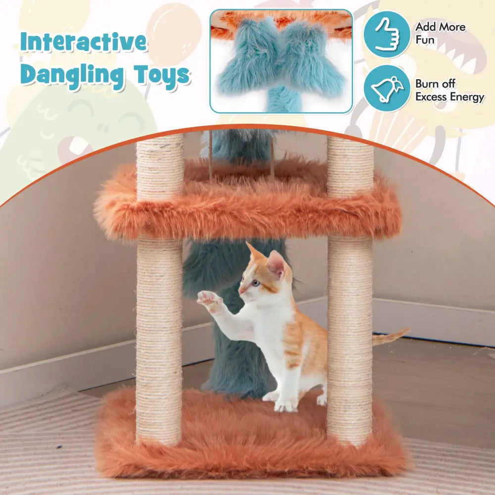 Cute Monster-Themed Cat Tower with Private Condo and Soft Long Plush-Blue - Blue - Cat Trees Condos & Scratchers
