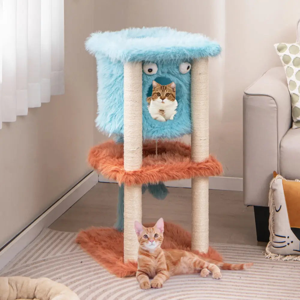 Cute Monster-Themed Cat Tower with Private Condo and Soft Long Plush-Blue - Blue - Cat Trees Condos & Scratchers