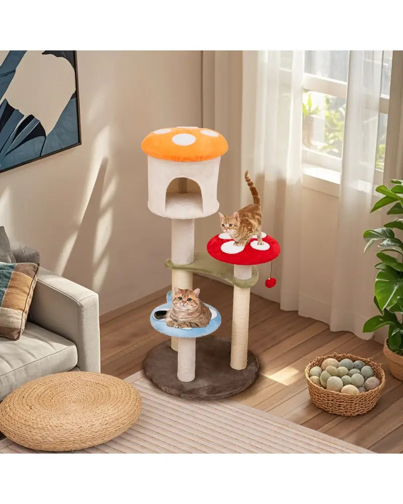 Cute Mushroom Cat Tree with Sisal Scratching Posts Top Condo and Padded Platforms-Multicolor - Multicolor - Cat Trees