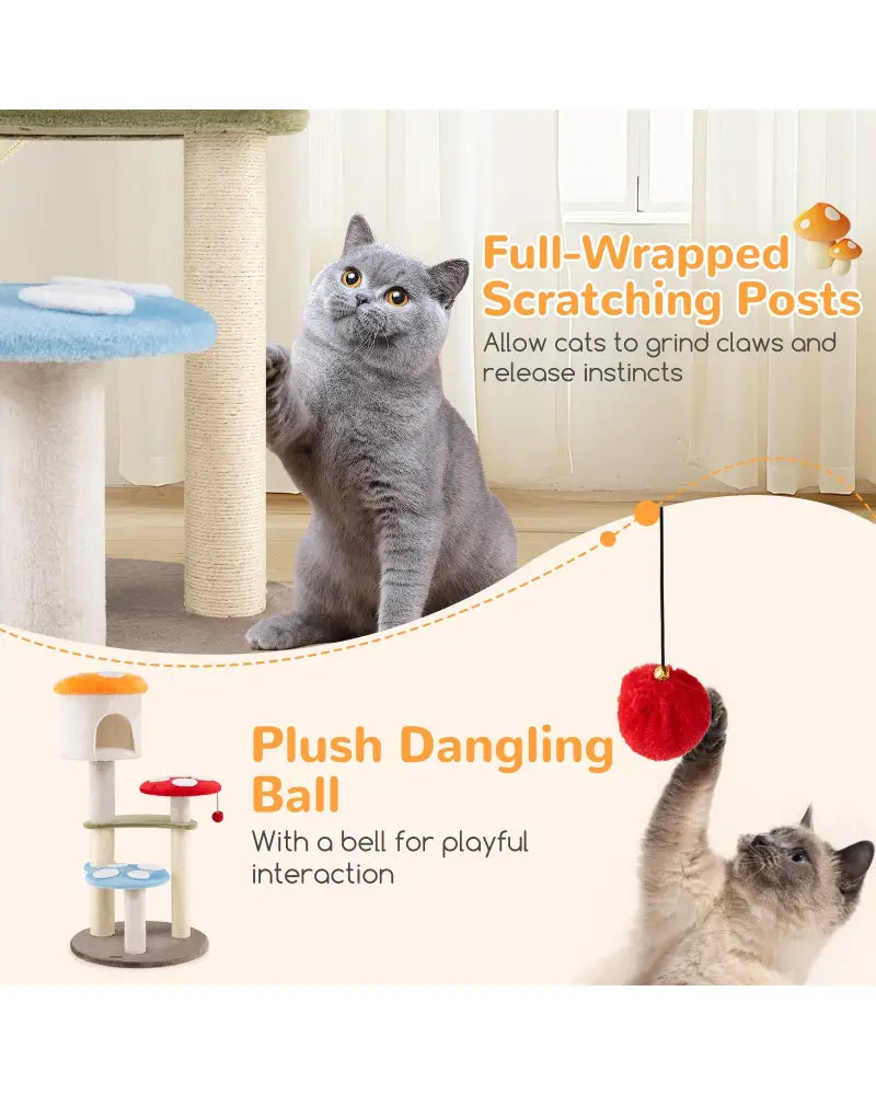 Cute Mushroom Cat Tree with Sisal Scratching Posts Top Condo and Padded Platforms-Multicolor - Multicolor - Cat Trees