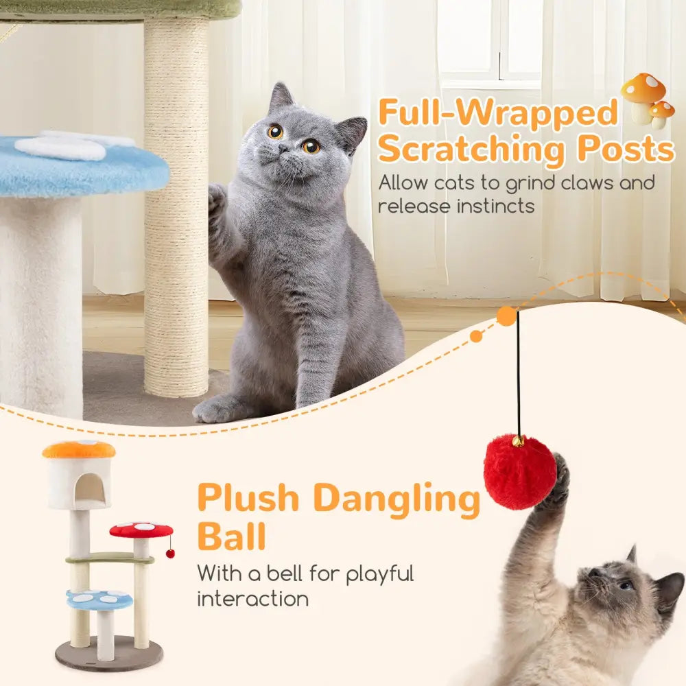 Cute Mushroom Cat Tree with Sisal Scratching Posts Top Condo and Padded Platforms-Multicolor - Multicolor - Cat Trees