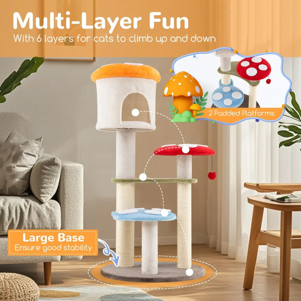 Cute Mushroom Cat Tree with Sisal Scratching Posts Top Condo and Padded Platforms-Multicolor - Multicolor - Cat Trees