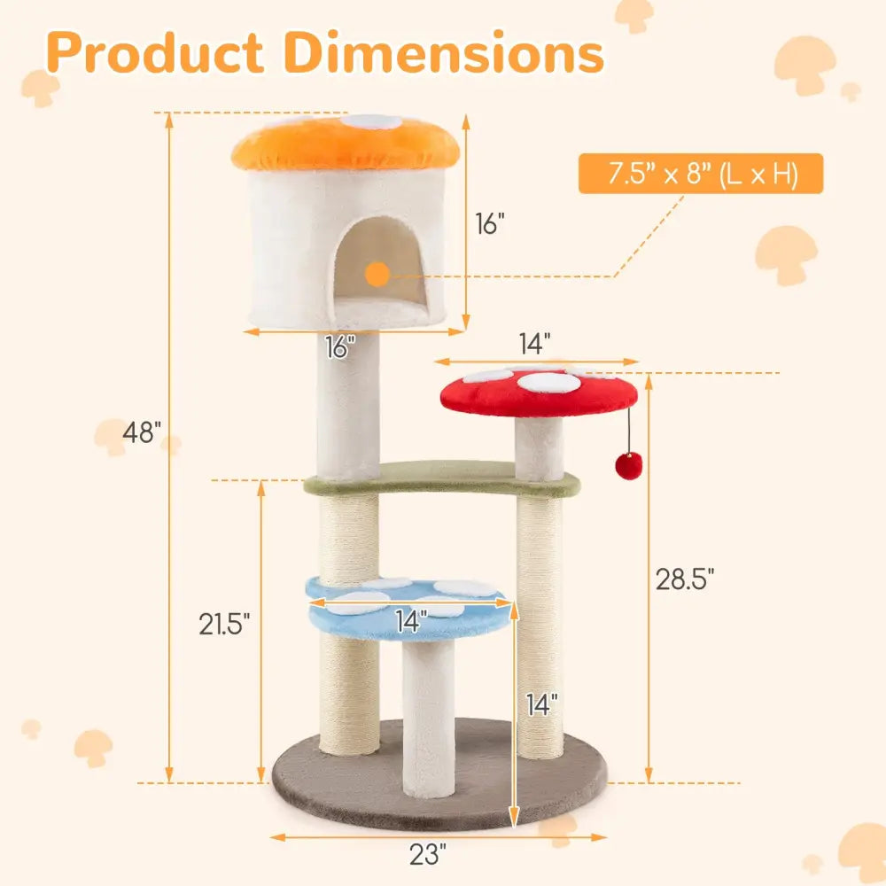 Cute Mushroom Cat Tree with Sisal Scratching Posts Top Condo and Padded Platforms-Multicolor - Multicolor - Cat Trees