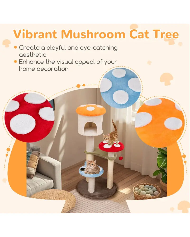 Cute Mushroom Cat Tree with Sisal Scratching Posts Top Condo and Padded Platforms-Multicolor - Multicolor - Cat Trees