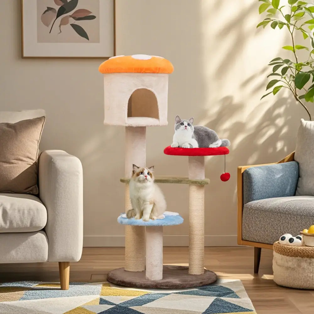 Cute Mushroom Cat Tree with Sisal Scratching Posts Top Condo and Padded Platforms-Multicolor - Multicolor - Cat Trees