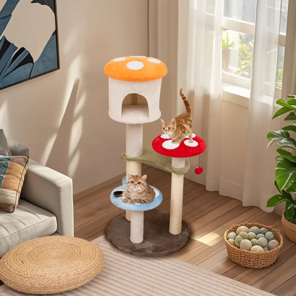 Cute Mushroom Cat Tree with Sisal Scratching Posts Top Condo and Padded Platforms-Multicolor - Multicolor - Cat Trees