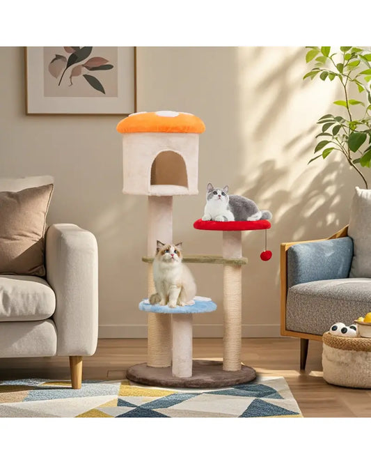Cute Mushroom Cat Tree with Sisal Scratching Posts Top Condo and Padded Platforms-Multicolor - Multicolor - Cat Trees