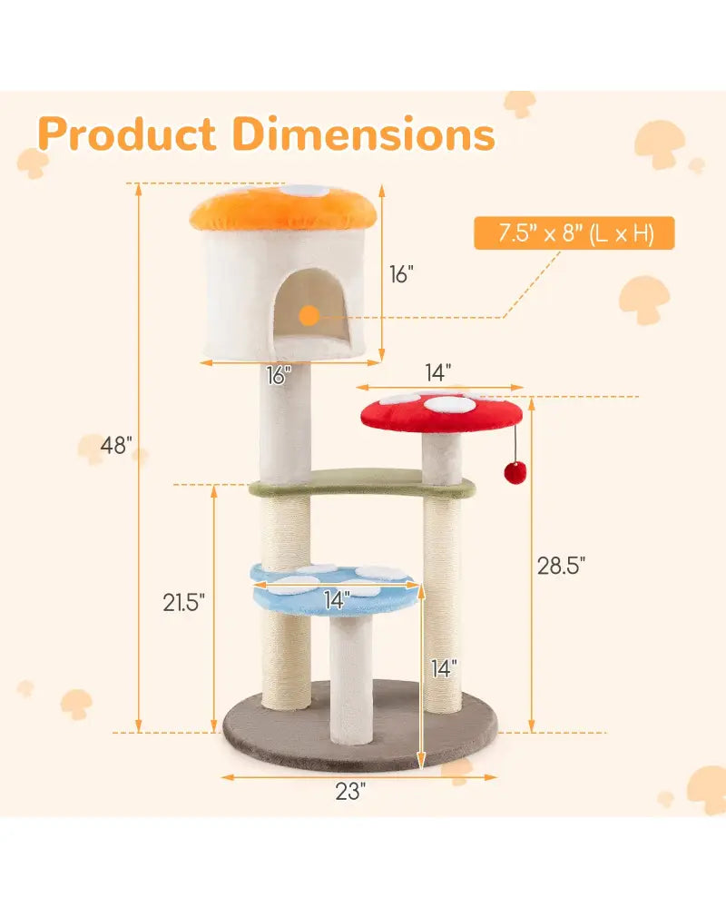 Cute Mushroom Cat Tree with Sisal Scratching Posts Top Condo and Padded Platforms-Multicolor - Multicolor - Cat Trees