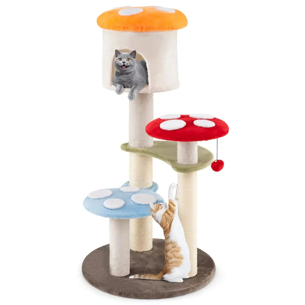 Cute Mushroom Cat Tree with Sisal Scratching Posts Top Condo and Padded Platforms-Multicolor - Multicolor - Cat Trees