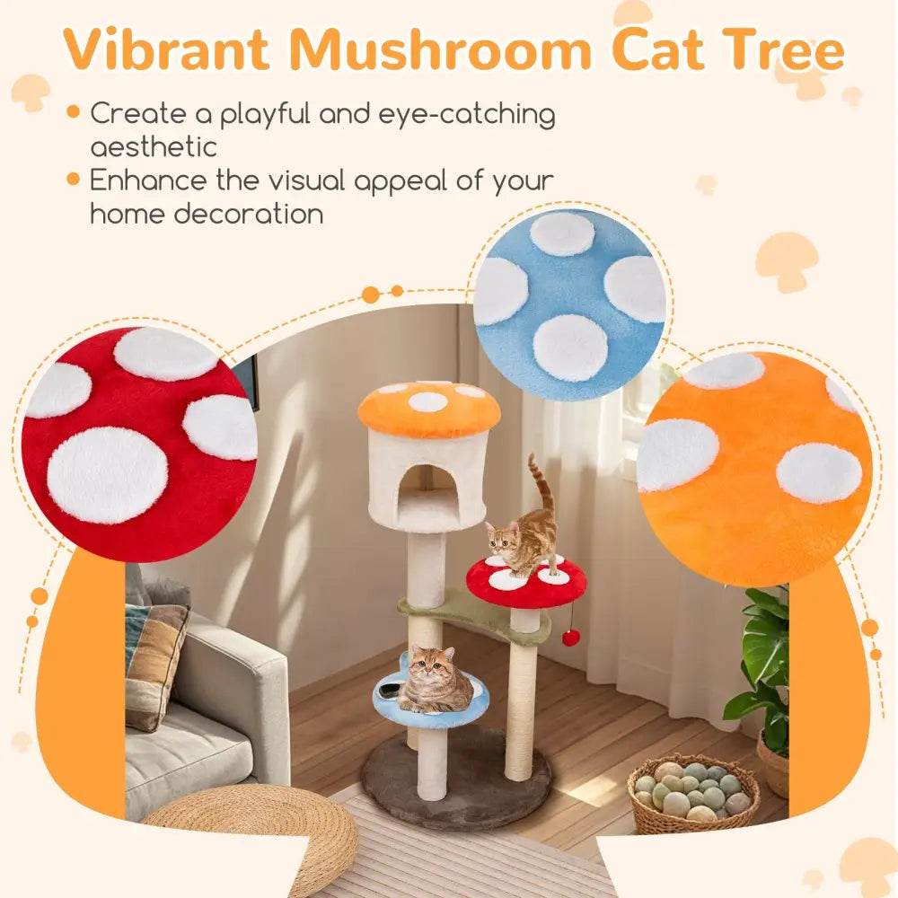 Cute Mushroom Cat Tree with Sisal Scratching Posts Top Condo and Padded Platforms-Multicolor - Multicolor - Cat Trees