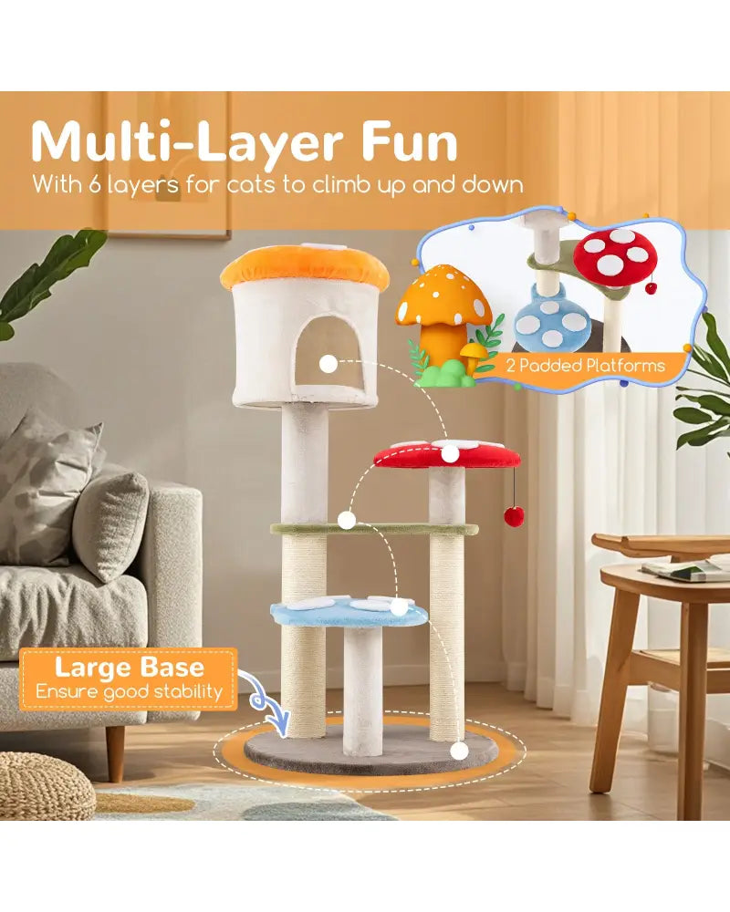 Cute Mushroom Cat Tree with Sisal Scratching Posts Top Condo and Padded Platforms-Multicolor - Multicolor - Cat Trees