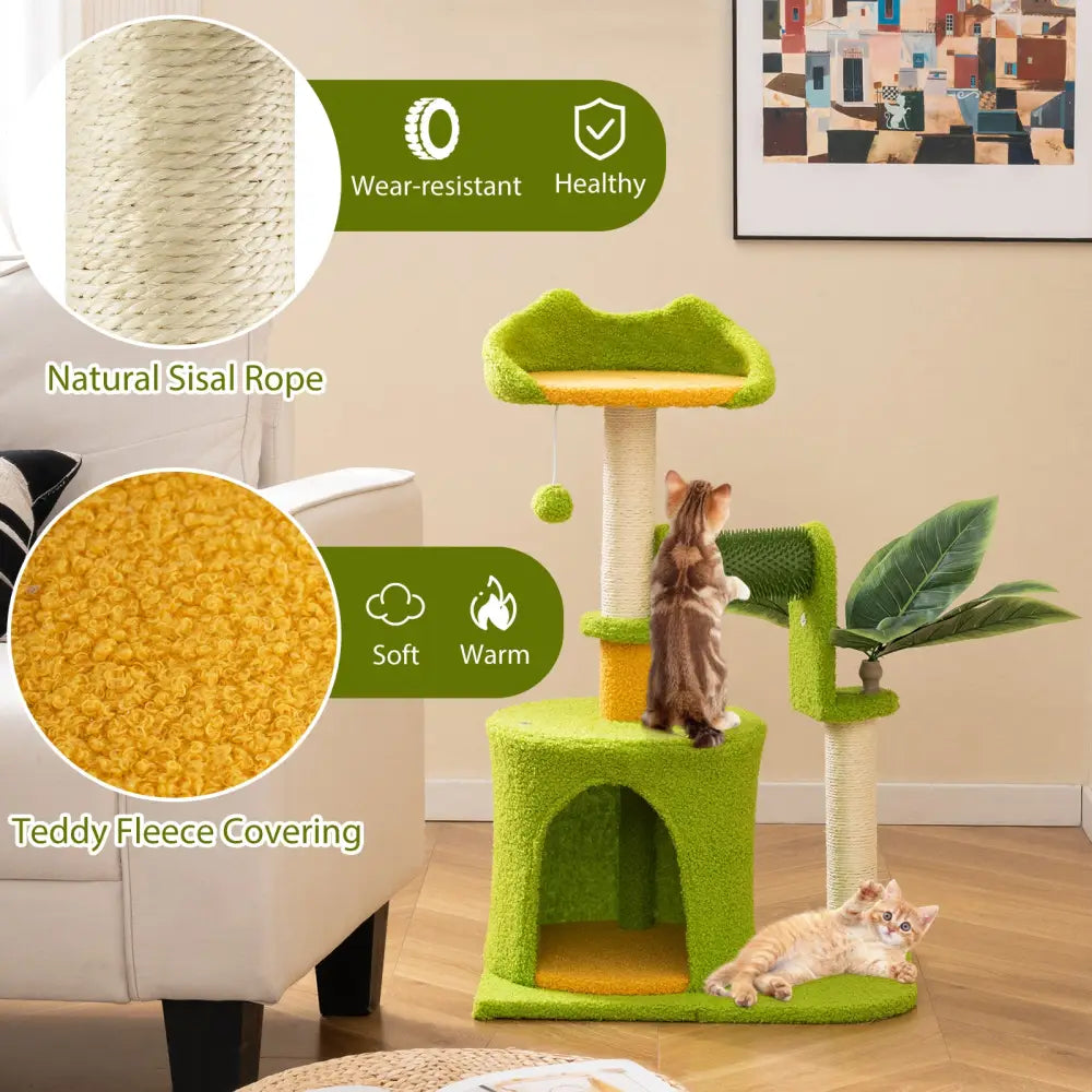 Cute Palm Cat Tree for Indoor Cats with Artificial Leaves-Green - Green - Cat Trees Condos & Scratchers