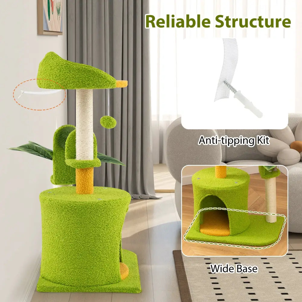 Cute Palm Cat Tree for Indoor Cats with Artificial Leaves-Green - Green - Cat Trees Condos & Scratchers