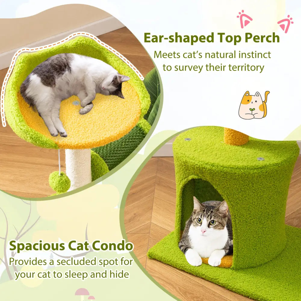 Cute Palm Cat Tree for Indoor Cats with Artificial Leaves-Green - Green - Cat Trees Condos & Scratchers