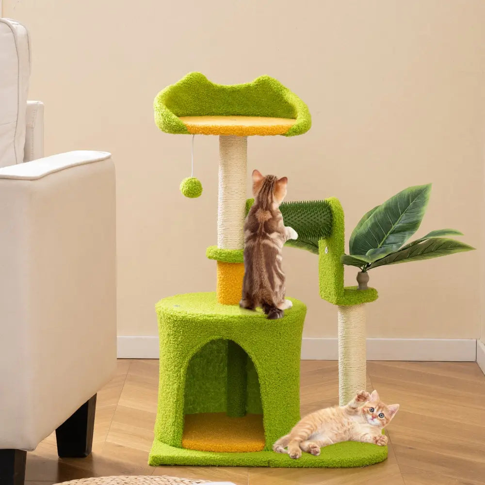 Cute Palm Cat Tree for Indoor Cats with Artificial Leaves-Green - Green - Cat Trees Condos & Scratchers
