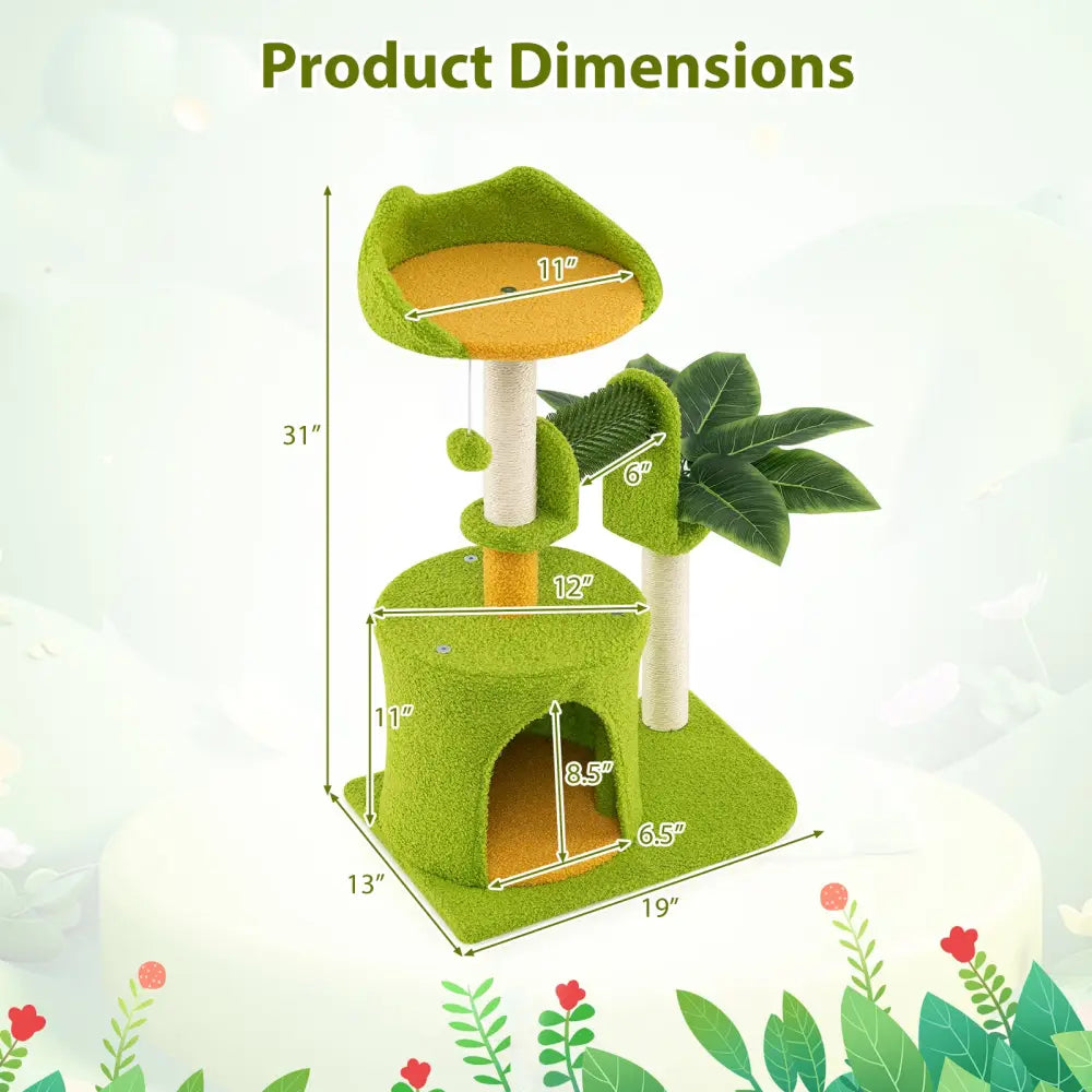 Cute Palm Cat Tree for Indoor Cats with Artificial Leaves-Green - Green - Cat Trees Condos & Scratchers