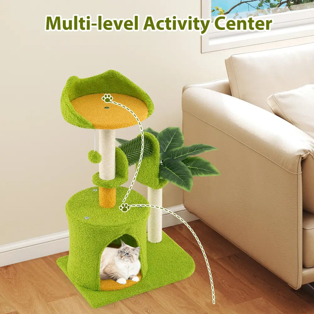 Cute Palm Cat Tree for Indoor Cats with Artificial Leaves-Green - Green - Cat Trees Condos & Scratchers