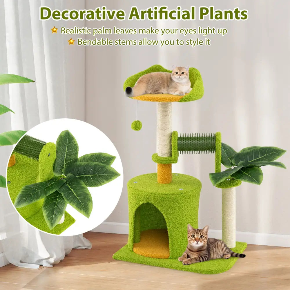 Cute Palm Cat Tree for Indoor Cats with Artificial Leaves-Green - Green - Cat Trees Condos & Scratchers
