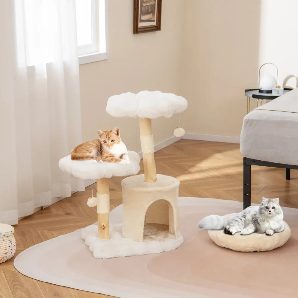 Cute Solid Wood Cat Tree Natural Branch Modern Flower Cat Tower with Sisal Scratching Posts-Beige - Beige - Cat Trees