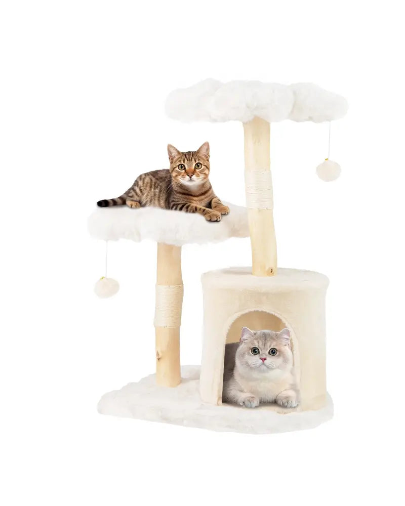 Cute Solid Wood Cat Tree Natural Branch Modern Flower Cat Tower with Sisal Scratching Posts-Beige - Beige - Cat Trees