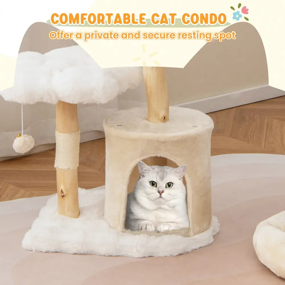 Cute Solid Wood Cat Tree Natural Branch Modern Flower Cat Tower with Sisal Scratching Posts-Beige - Beige - Cat Trees