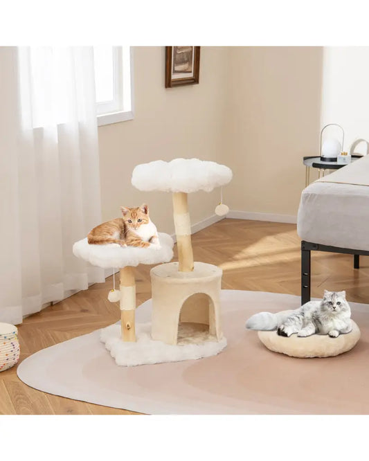 Cute Solid Wood Cat Tree Natural Branch Modern Flower Cat Tower with Sisal Scratching Posts-Beige - Beige - Cat Trees