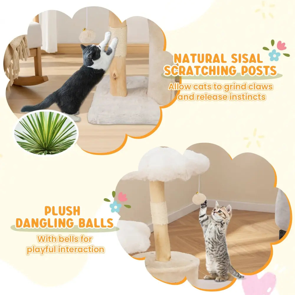 Cute Solid Wood Cat Tree Natural Branch Modern Flower Cat Tower with Sisal Scratching Posts-Beige - Beige - Cat Trees