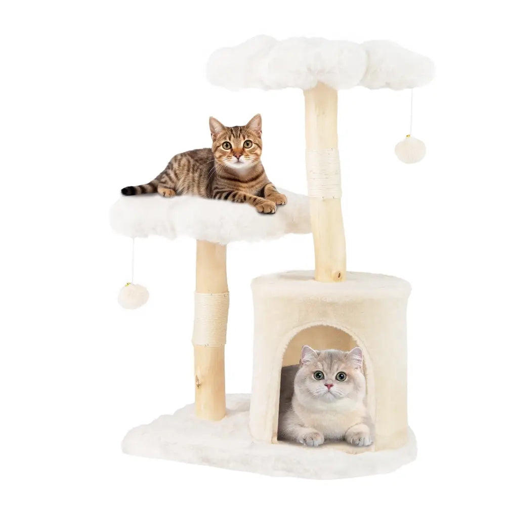 Cute Solid Wood Cat Tree Natural Branch Modern Flower Cat Tower with Sisal Scratching Posts-Beige - Beige - Cat Trees