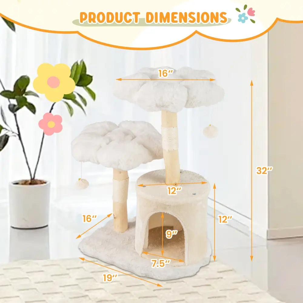 Cute Solid Wood Cat Tree Natural Branch Modern Flower Cat Tower with Sisal Scratching Posts-Beige - Beige - Cat Trees