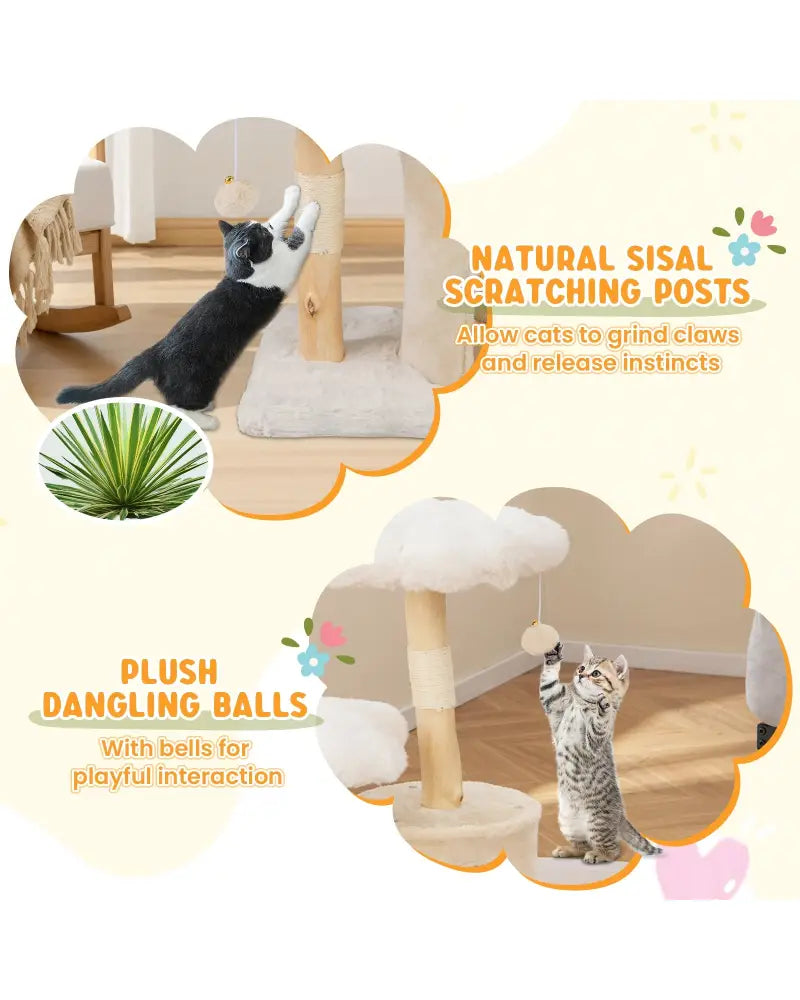Cute Solid Wood Cat Tree Natural Branch Modern Flower Cat Tower with Sisal Scratching Posts-Beige - Beige - Cat Trees