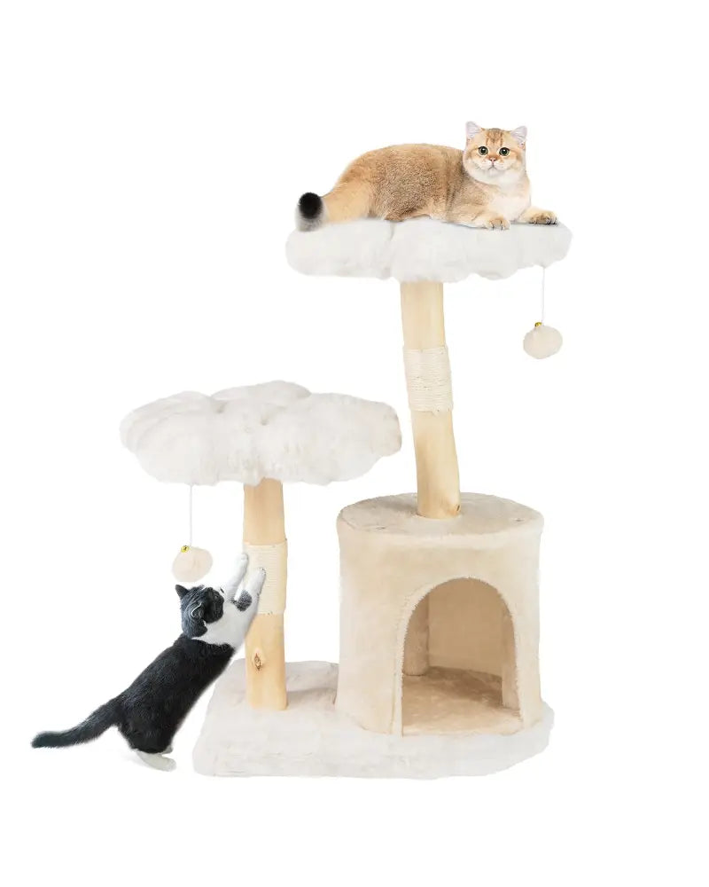 Cute Solid Wood Cat Tree Natural Branch Modern Flower Cat Tower with Sisal Scratching Posts-Beige - Beige - Cat Trees