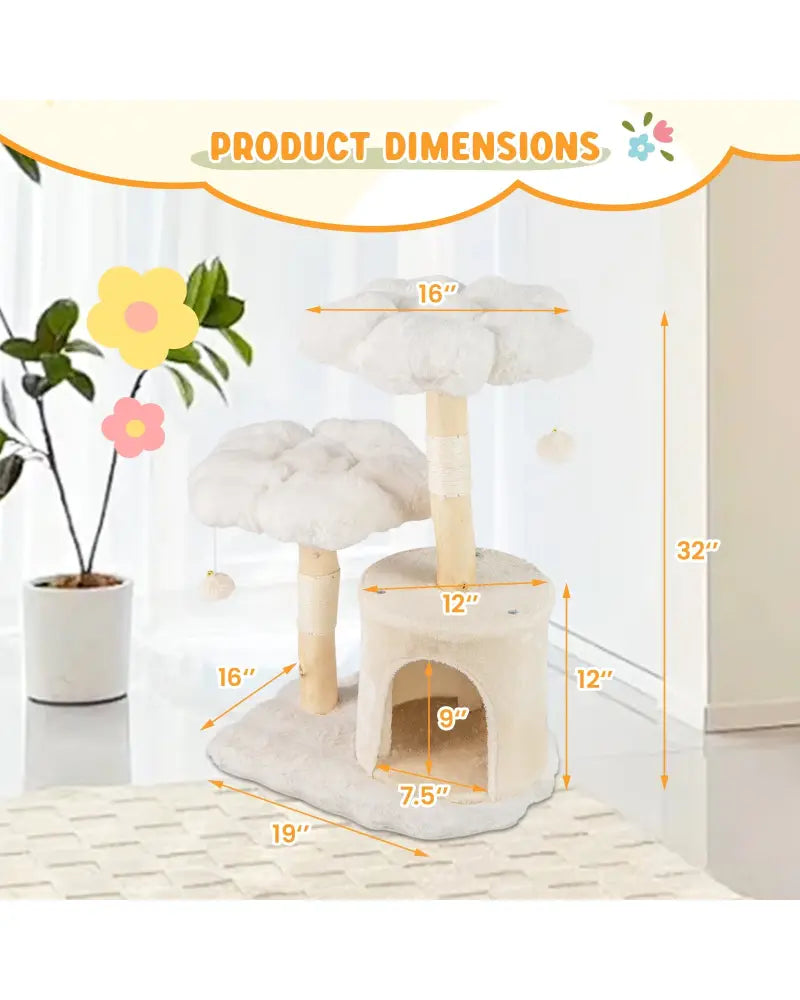 Cute Solid Wood Cat Tree Natural Branch Modern Flower Cat Tower with Sisal Scratching Posts-Beige - Beige - Cat Trees