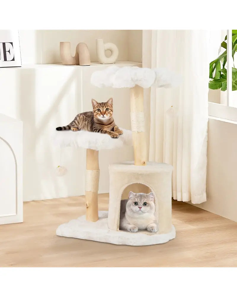 Cute Solid Wood Cat Tree Natural Branch Modern Flower Cat Tower with Sisal Scratching Posts-Beige - Beige - Cat Trees